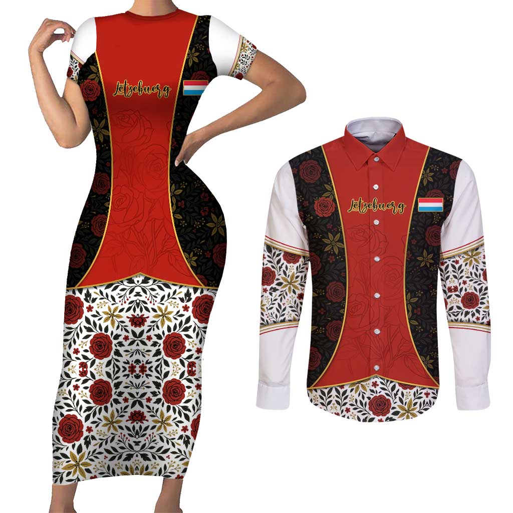 Luxembourg Couples Matching Short Sleeve Bodycon Dress and Long Sleeve Button Shirt with Floral Folk Embroidery and Red Black Pattern Design
