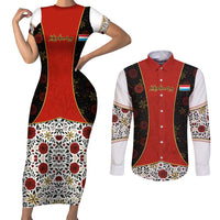 Luxembourg Couples Matching Short Sleeve Bodycon Dress and Long Sleeve Button Shirt with Floral Folk Embroidery and Red Black Pattern Design