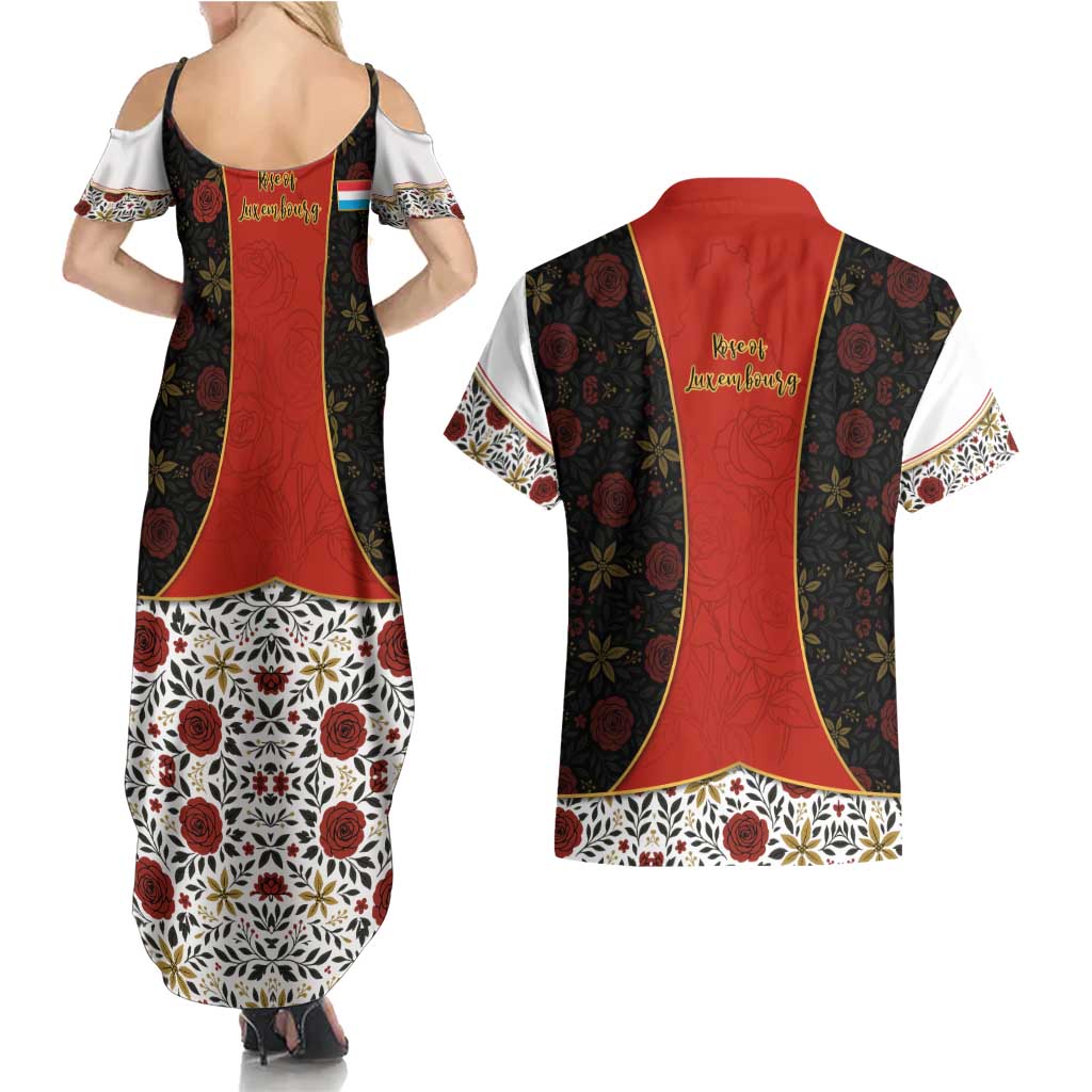 Luxembourg Couples Matching Summer Maxi Dress and Hawaiian Shirt with Floral Folk Embroidery and Red Black Pattern Design