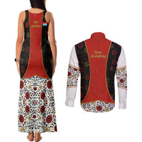 Luxembourg Couples Matching Tank Maxi Dress and Long Sleeve Button Shirt with Floral Folk Embroidery and Red Black Pattern Design
