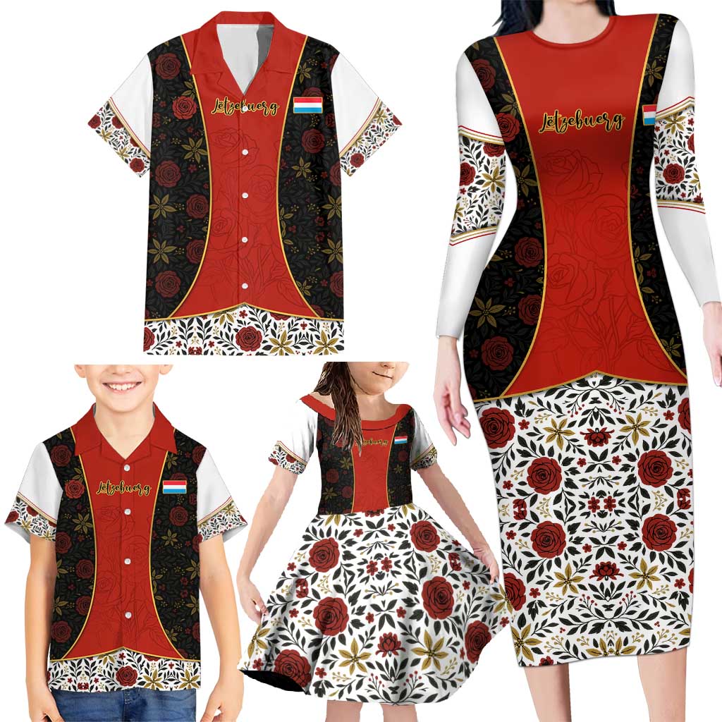 Luxembourg Family Matching Long Sleeve Bodycon Dress and Hawaiian Shirt with Floral Folk Embroidery and Red Black Pattern Design