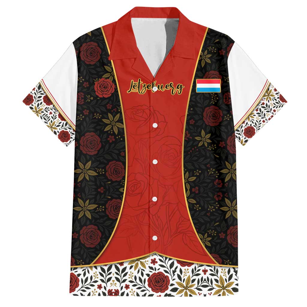 Luxembourg Family Matching Long Sleeve Bodycon Dress and Hawaiian Shirt with Floral Folk Embroidery and Red Black Pattern Design