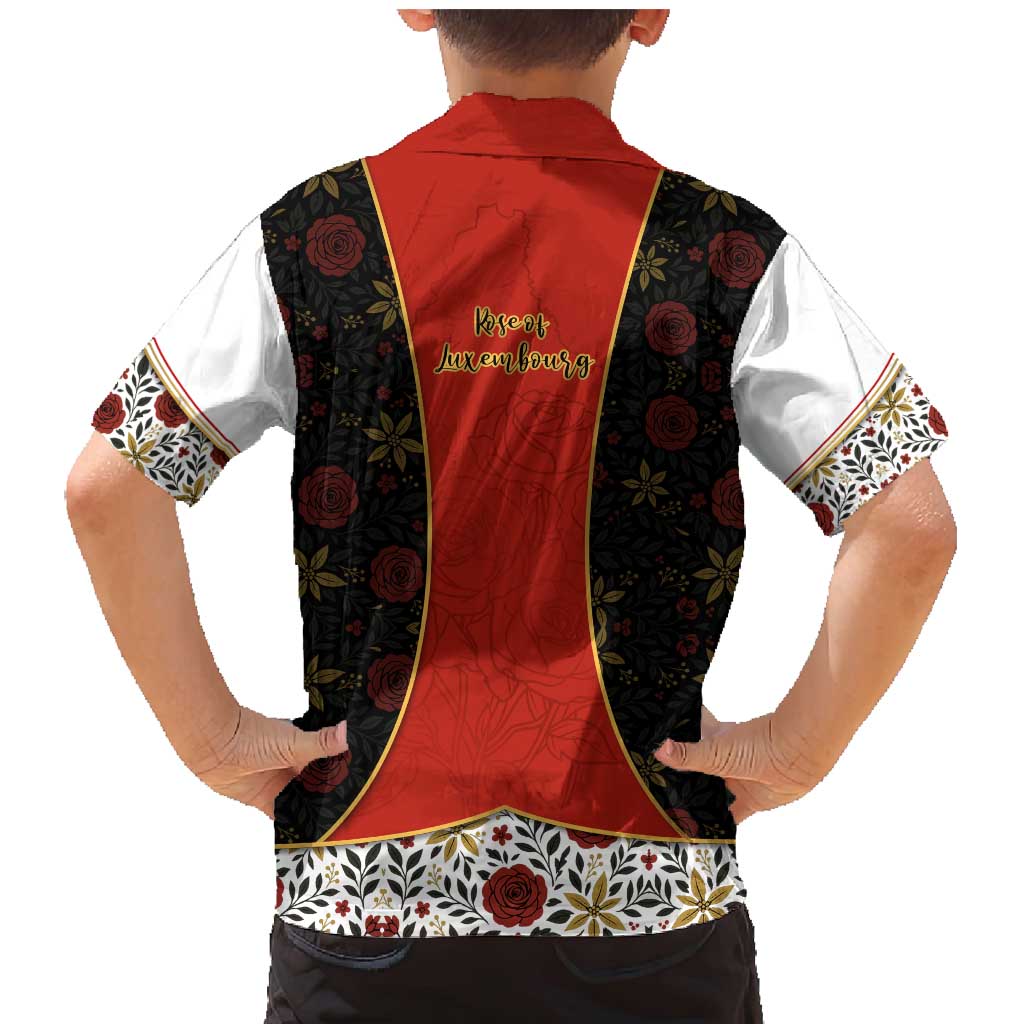 Luxembourg Family Matching Mermaid Dress and Hawaiian Shirt with Floral Folk Embroidery and Red Black Pattern Design