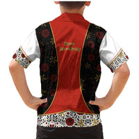 Luxembourg Family Matching Mermaid Dress and Hawaiian Shirt with Floral Folk Embroidery and Red Black Pattern Design