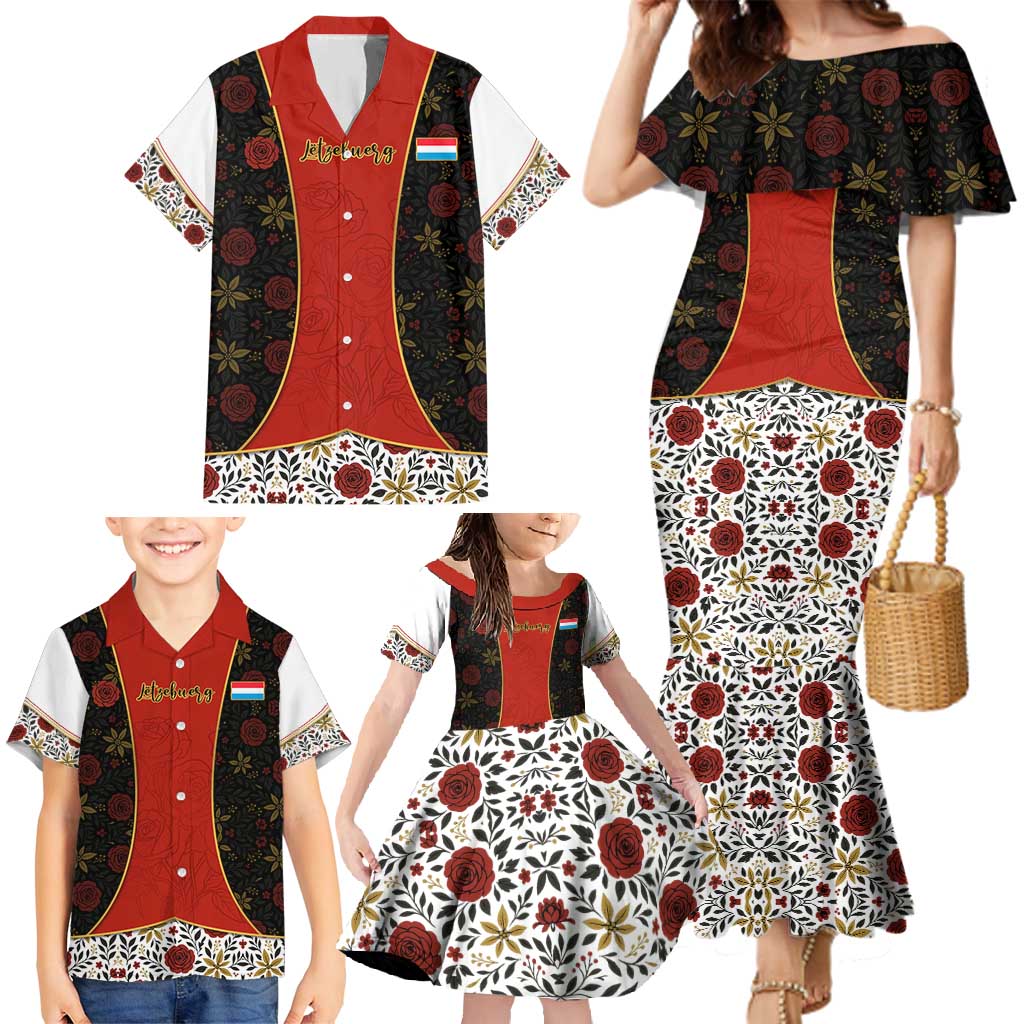 Luxembourg Family Matching Mermaid Dress and Hawaiian Shirt with Floral Folk Embroidery and Red Black Pattern Design