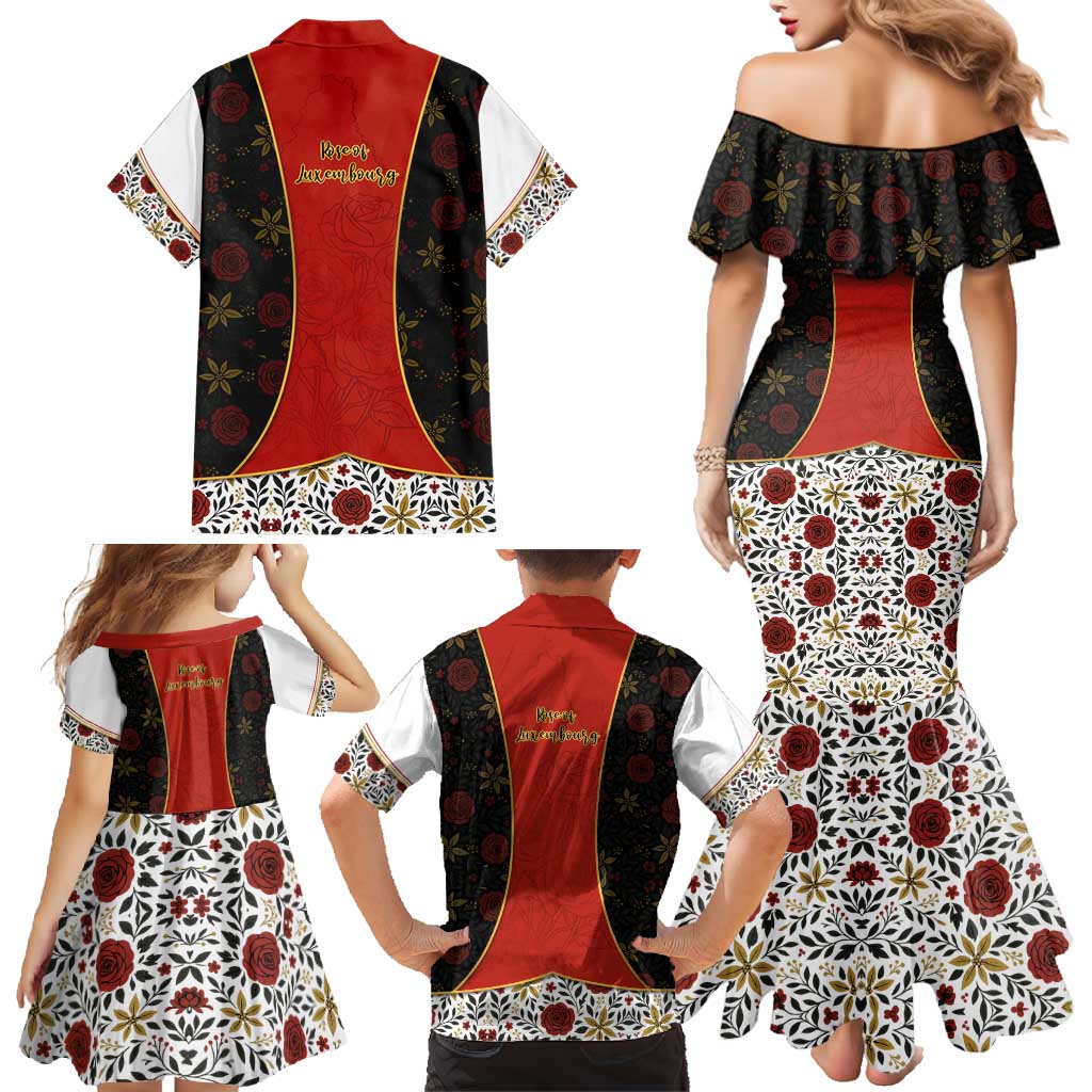 Luxembourg Family Matching Mermaid Dress and Hawaiian Shirt with Floral Folk Embroidery and Red Black Pattern Design
