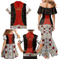 Luxembourg Family Matching Mermaid Dress and Hawaiian Shirt with Floral Folk Embroidery and Red Black Pattern Design