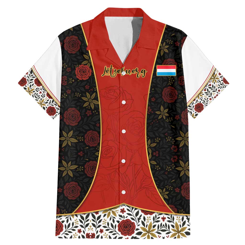 Luxembourg Family Matching Mermaid Dress and Hawaiian Shirt with Floral Folk Embroidery and Red Black Pattern Design