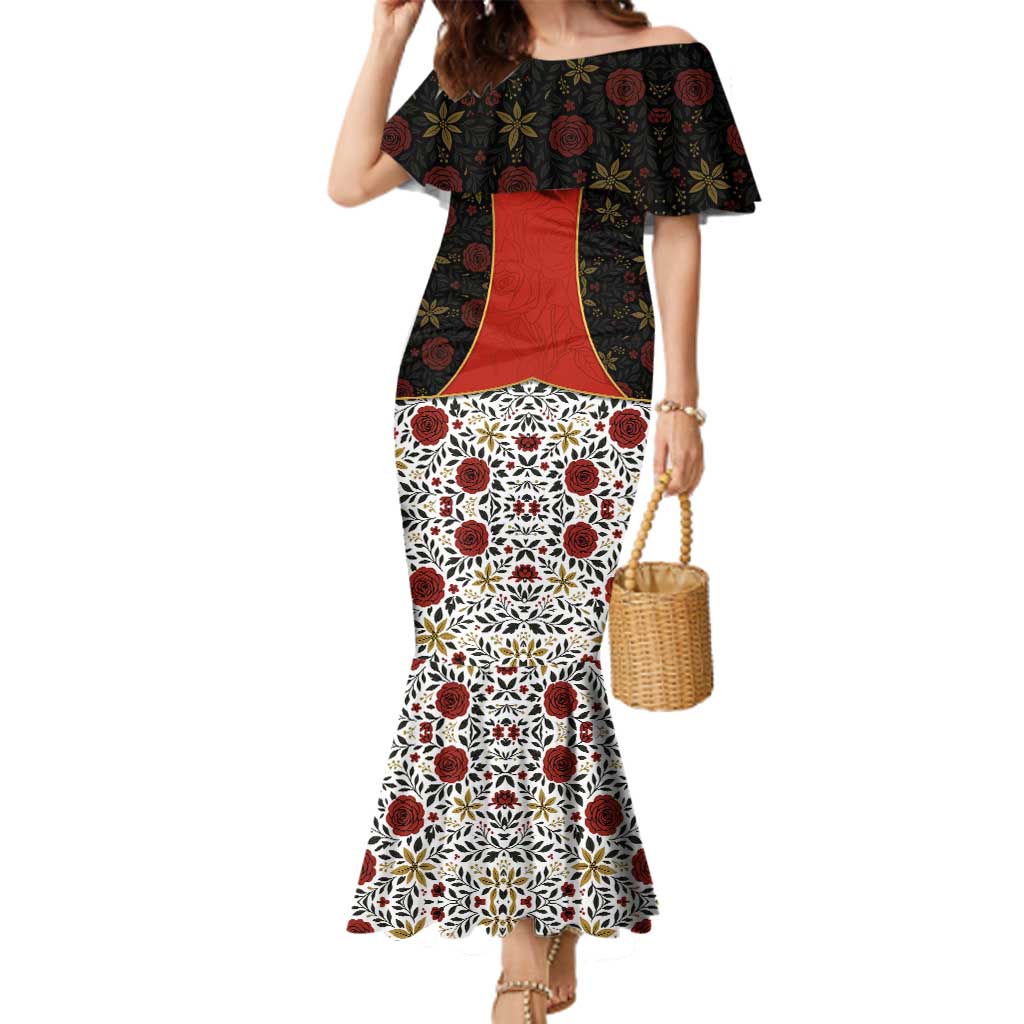 Luxembourg Family Matching Mermaid Dress and Hawaiian Shirt with Floral Folk Embroidery and Red Black Pattern Design