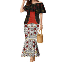 Luxembourg Family Matching Mermaid Dress and Hawaiian Shirt with Floral Folk Embroidery and Red Black Pattern Design