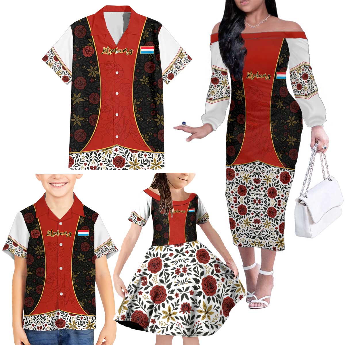 Luxembourg Family Matching Off The Shoulder Long Sleeve Dress and Hawaiian Shirt with Floral Folk Embroidery and Red Black Pattern Design