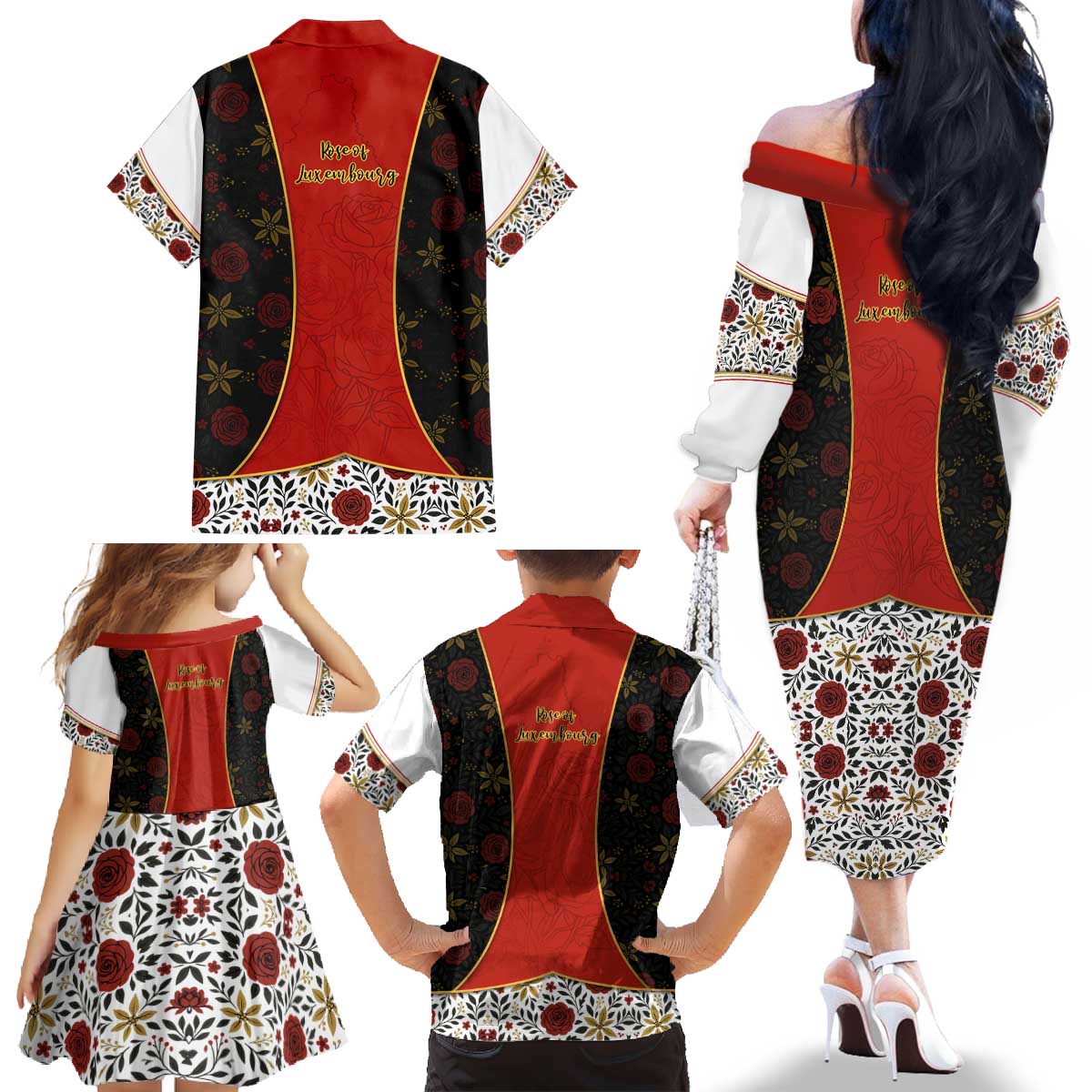 Luxembourg Family Matching Off The Shoulder Long Sleeve Dress and Hawaiian Shirt with Floral Folk Embroidery and Red Black Pattern Design
