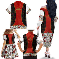 Luxembourg Family Matching Off The Shoulder Long Sleeve Dress and Hawaiian Shirt with Floral Folk Embroidery and Red Black Pattern Design