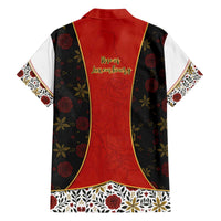 Luxembourg Family Matching Off The Shoulder Long Sleeve Dress and Hawaiian Shirt with Floral Folk Embroidery and Red Black Pattern Design