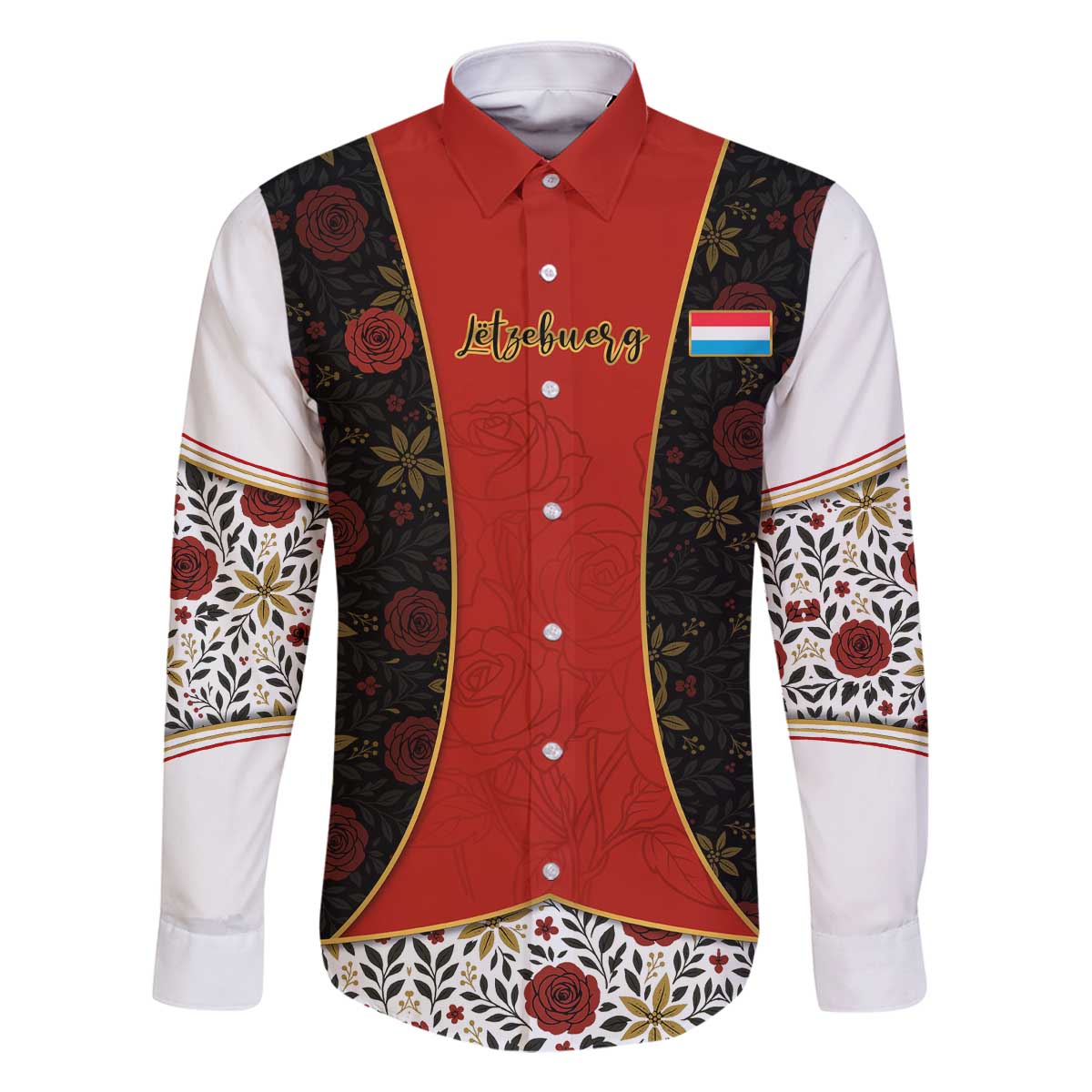 Luxembourg Family Matching Off The Shoulder Long Sleeve Dress and Hawaiian Shirt with Floral Folk Embroidery and Red Black Pattern Design