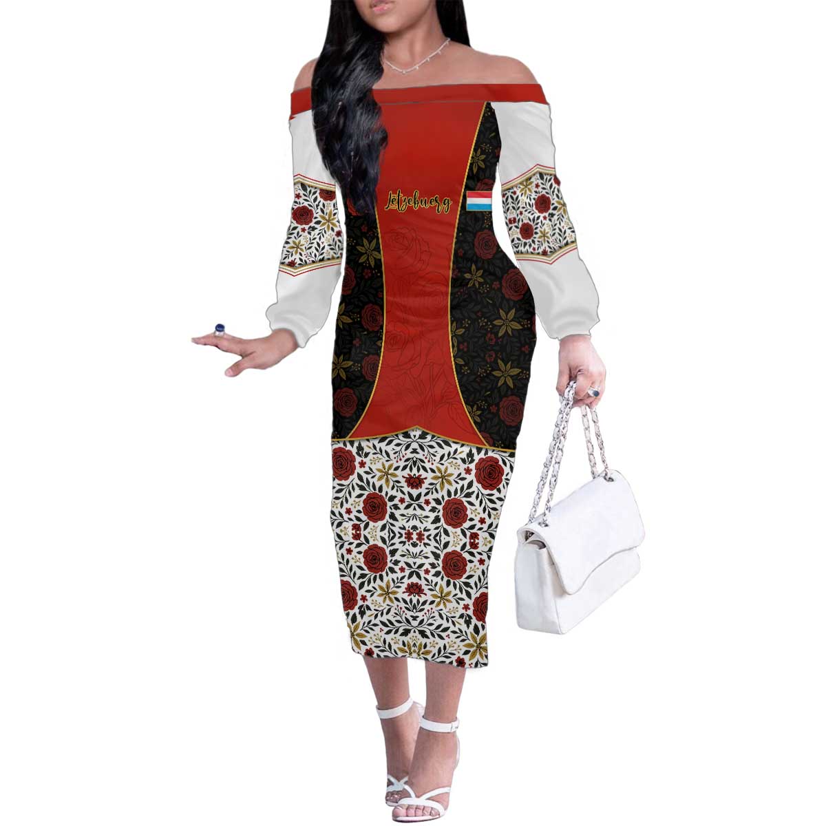 Luxembourg Family Matching Off The Shoulder Long Sleeve Dress and Hawaiian Shirt with Floral Folk Embroidery and Red Black Pattern Design