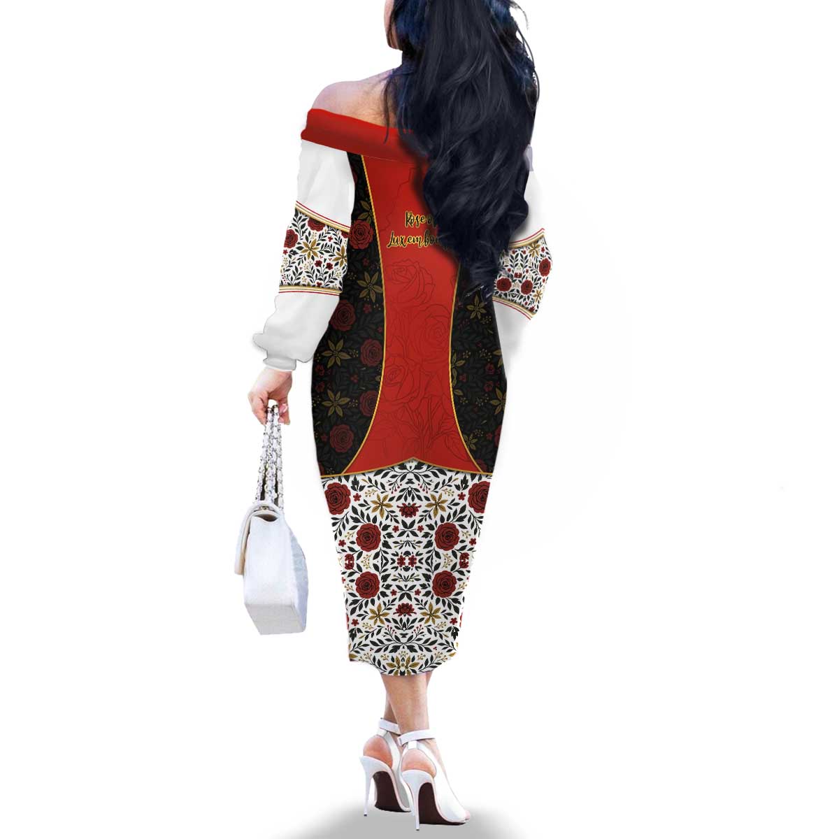 Luxembourg Family Matching Off The Shoulder Long Sleeve Dress and Hawaiian Shirt with Floral Folk Embroidery and Red Black Pattern Design