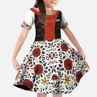 Luxembourg Family Matching Off Shoulder Maxi Dress and Hawaiian Shirt with Floral Folk Embroidery and Red Black Pattern Design