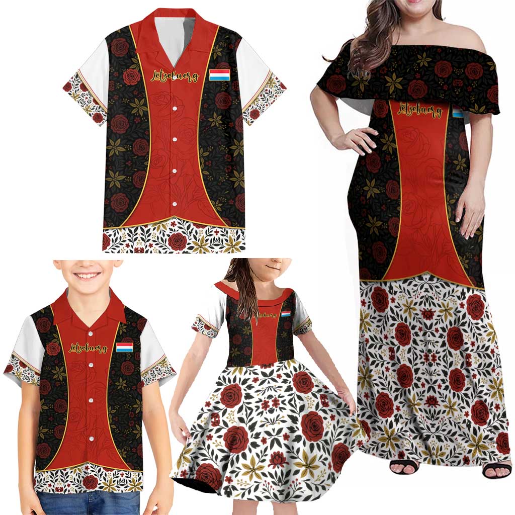 Luxembourg Family Matching Off Shoulder Maxi Dress and Hawaiian Shirt with Floral Folk Embroidery and Red Black Pattern Design