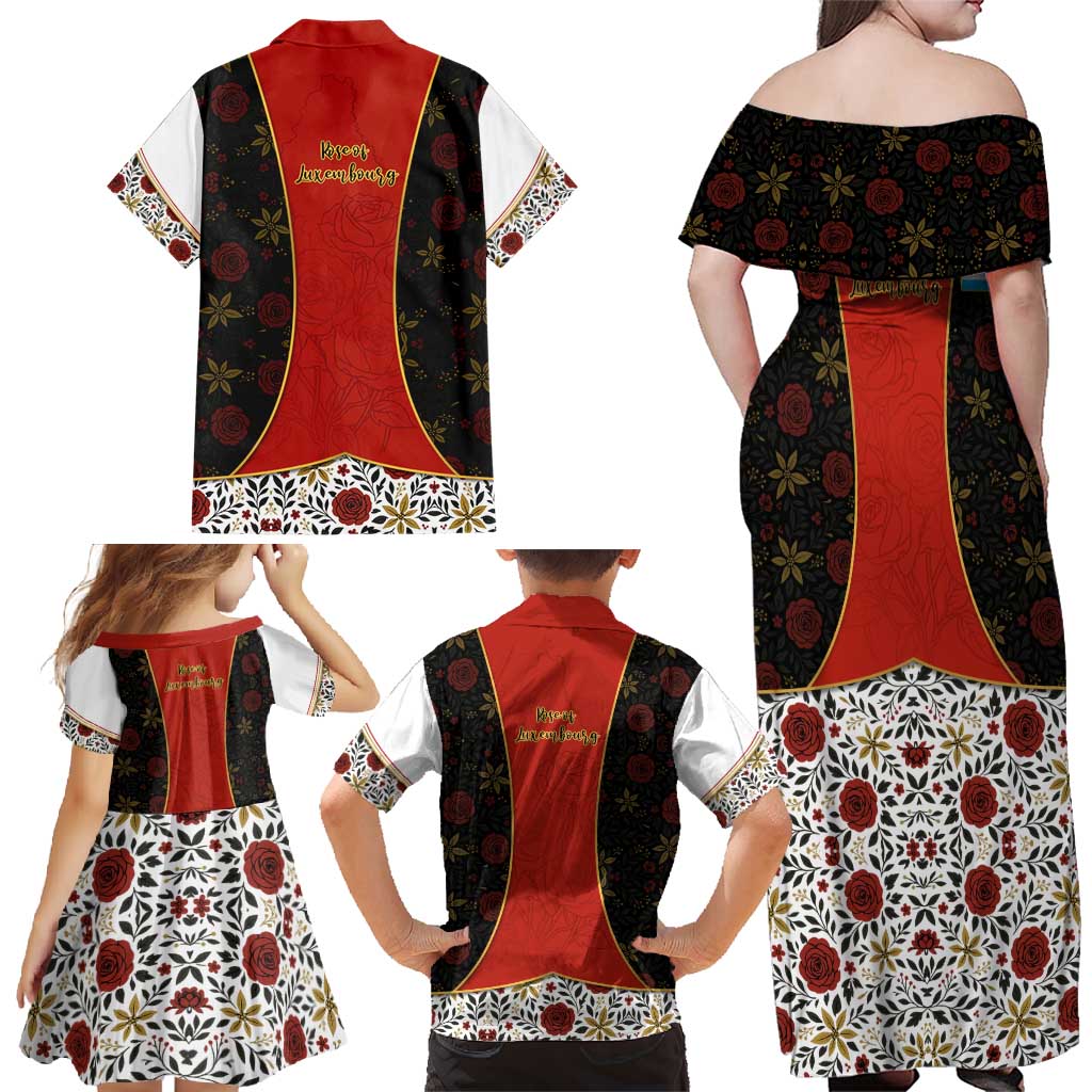 Luxembourg Family Matching Off Shoulder Maxi Dress and Hawaiian Shirt with Floral Folk Embroidery and Red Black Pattern Design