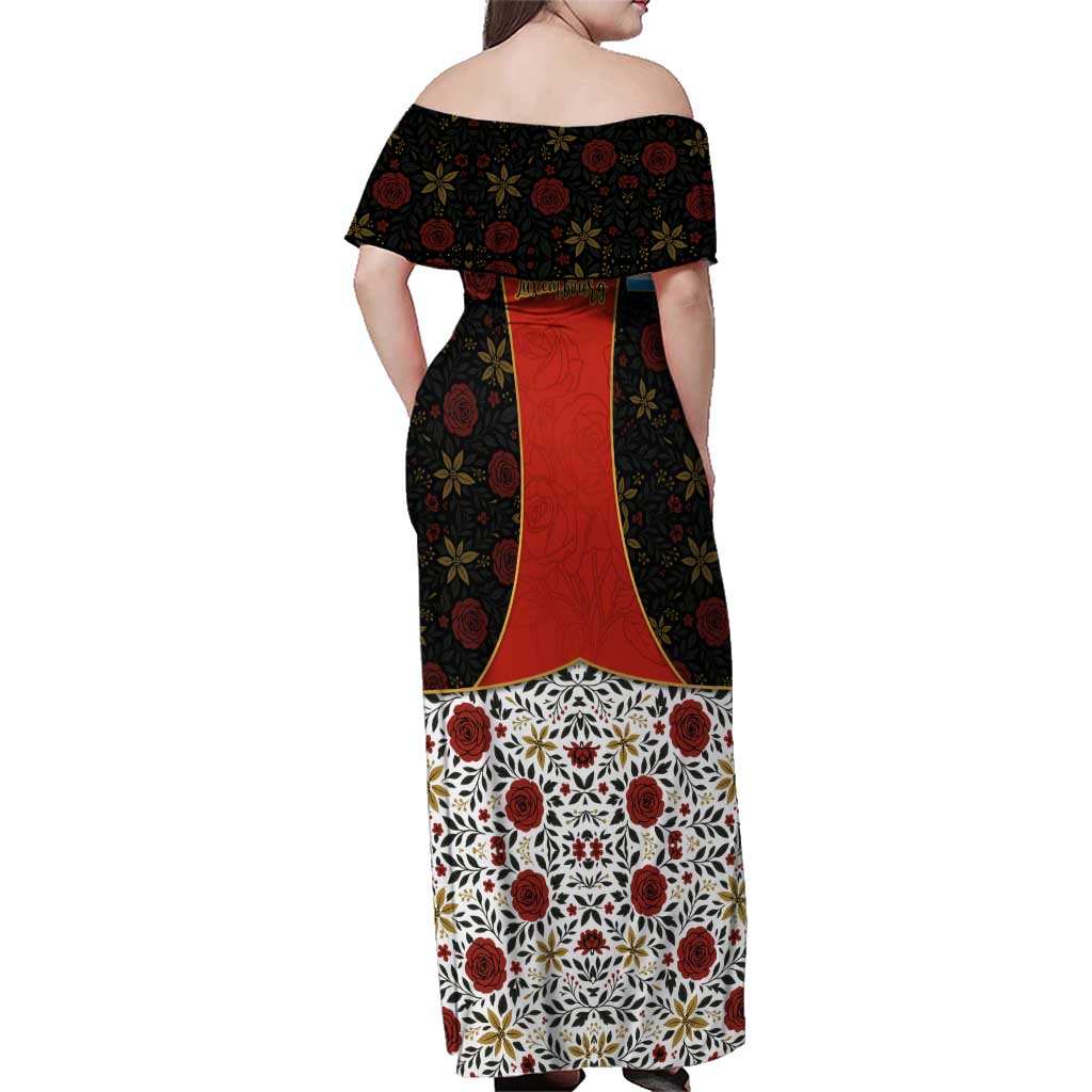 Luxembourg Family Matching Off Shoulder Maxi Dress and Hawaiian Shirt with Floral Folk Embroidery and Red Black Pattern Design