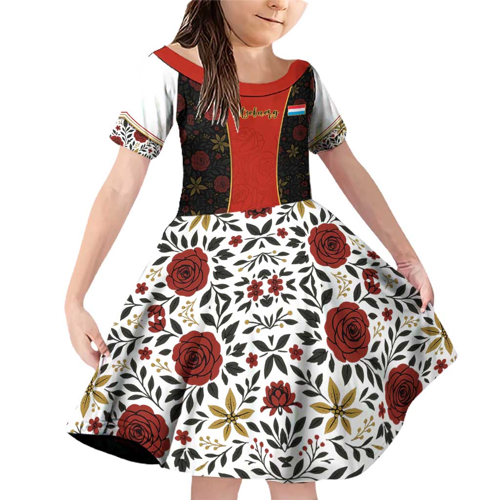 Luxembourg Family Matching Off Shoulder Short Dress and Hawaiian Shirt with Floral Folk Embroidery and Red Black Pattern Design