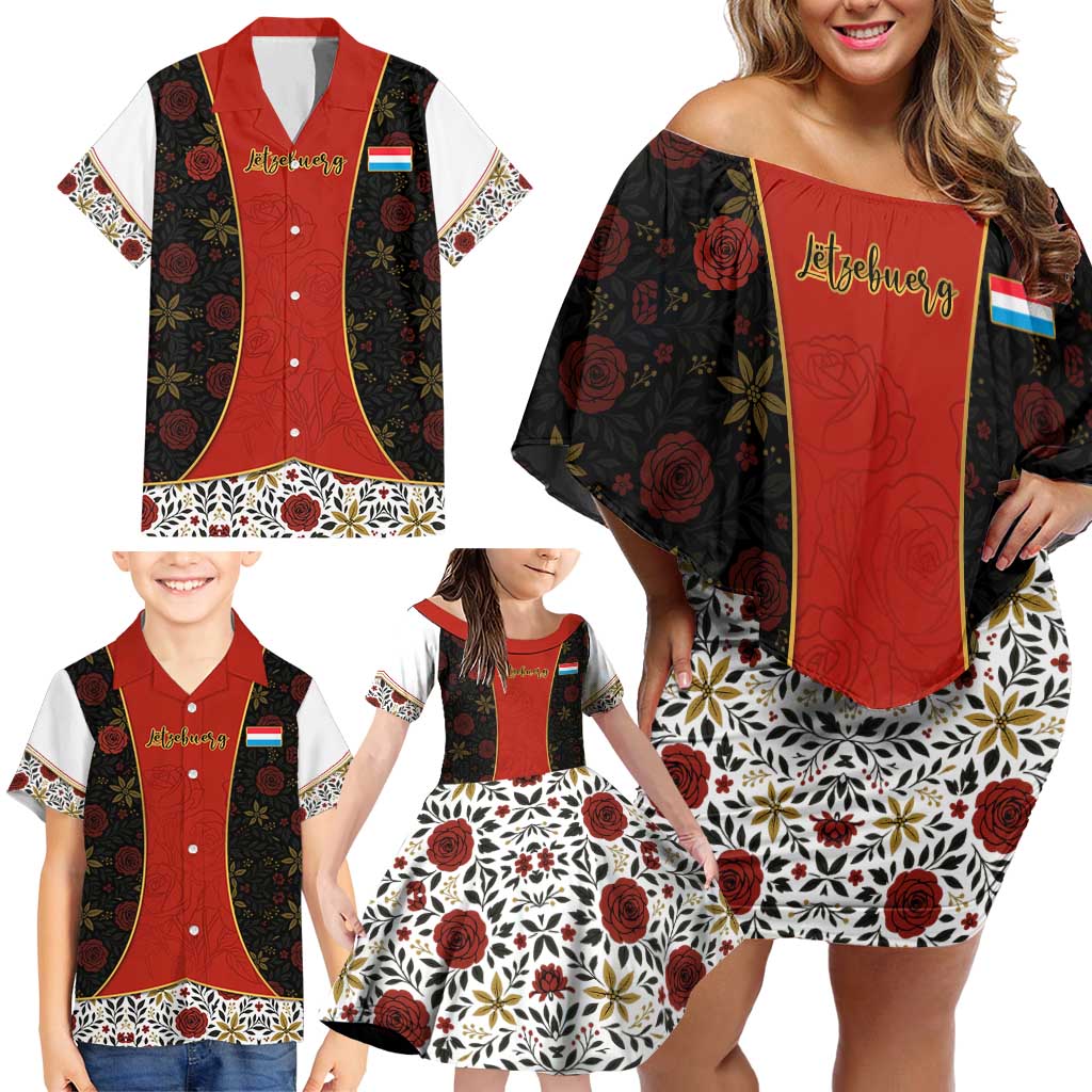 Luxembourg Family Matching Off Shoulder Short Dress and Hawaiian Shirt with Floral Folk Embroidery and Red Black Pattern Design