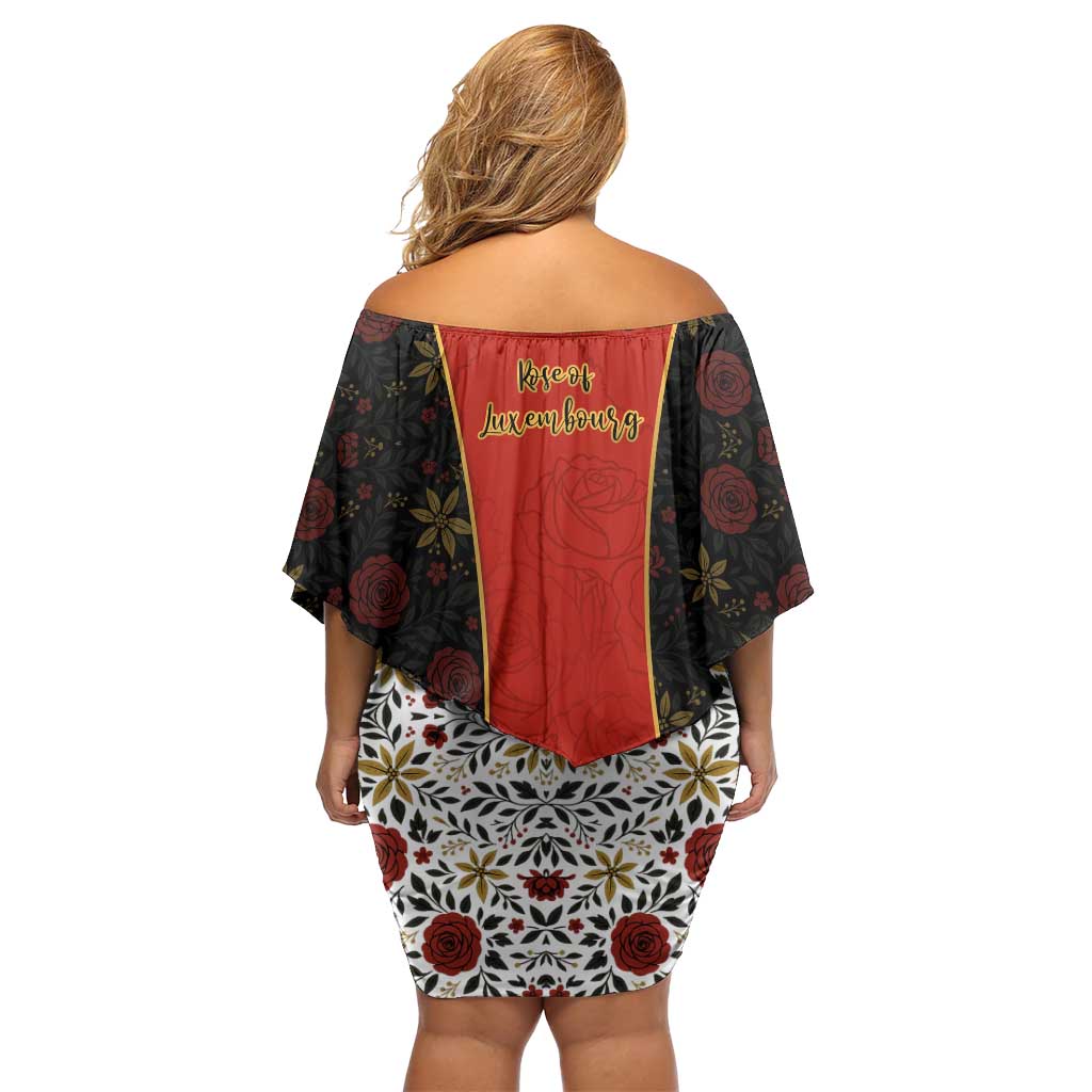 Luxembourg Family Matching Off Shoulder Short Dress and Hawaiian Shirt with Floral Folk Embroidery and Red Black Pattern Design