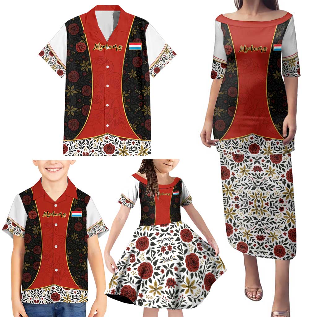 Luxembourg Family Matching Puletasi and Hawaiian Shirt with Floral Folk Embroidery and Red Black Pattern Design