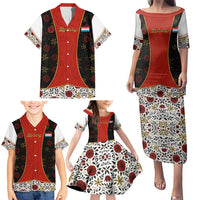 Luxembourg Family Matching Puletasi and Hawaiian Shirt with Floral Folk Embroidery and Red Black Pattern Design