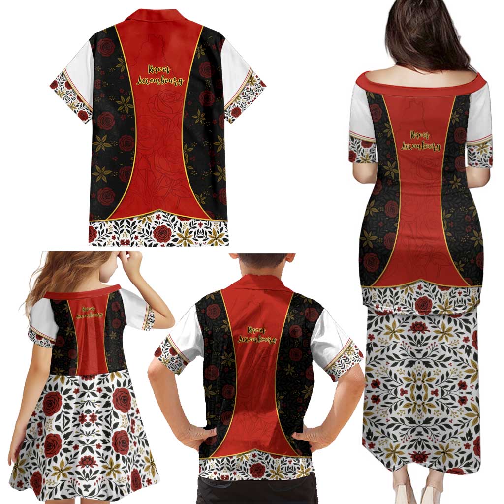 Luxembourg Family Matching Puletasi and Hawaiian Shirt with Floral Folk Embroidery and Red Black Pattern Design