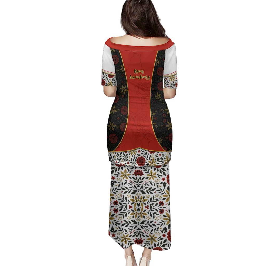 Luxembourg Family Matching Puletasi and Hawaiian Shirt with Floral Folk Embroidery and Red Black Pattern Design