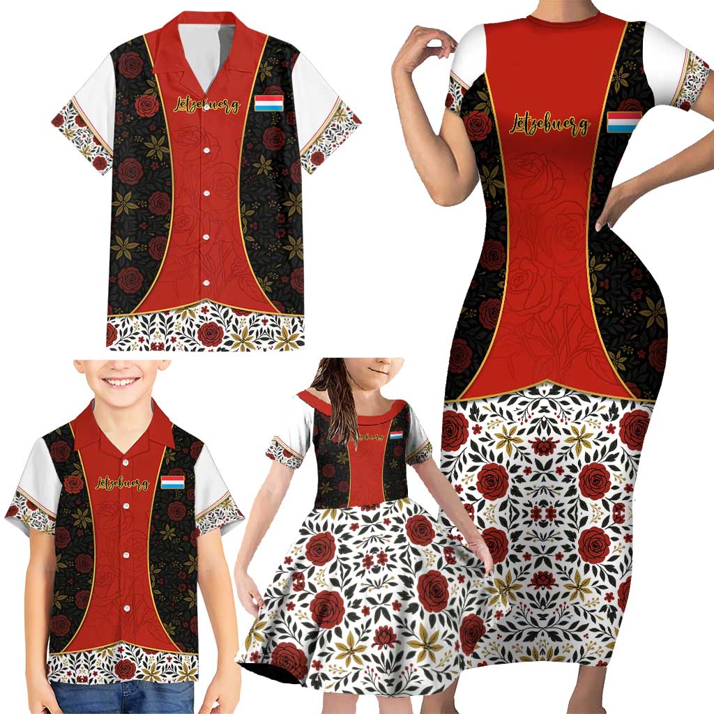 Luxembourg Family Matching Short Sleeve Bodycon Dress and Hawaiian Shirt with Floral Folk Embroidery and Red Black Pattern Design