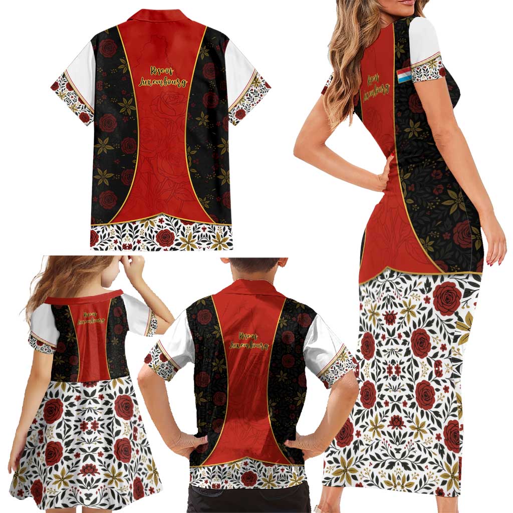 Luxembourg Family Matching Short Sleeve Bodycon Dress and Hawaiian Shirt with Floral Folk Embroidery and Red Black Pattern Design