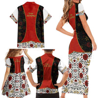 Luxembourg Family Matching Short Sleeve Bodycon Dress and Hawaiian Shirt with Floral Folk Embroidery and Red Black Pattern Design