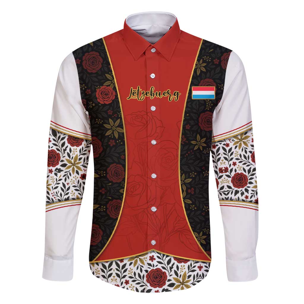 Luxembourg Family Matching Short Sleeve Bodycon Dress and Hawaiian Shirt with Floral Folk Embroidery and Red Black Pattern Design