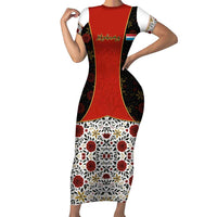 Luxembourg Family Matching Short Sleeve Bodycon Dress and Hawaiian Shirt with Floral Folk Embroidery and Red Black Pattern Design