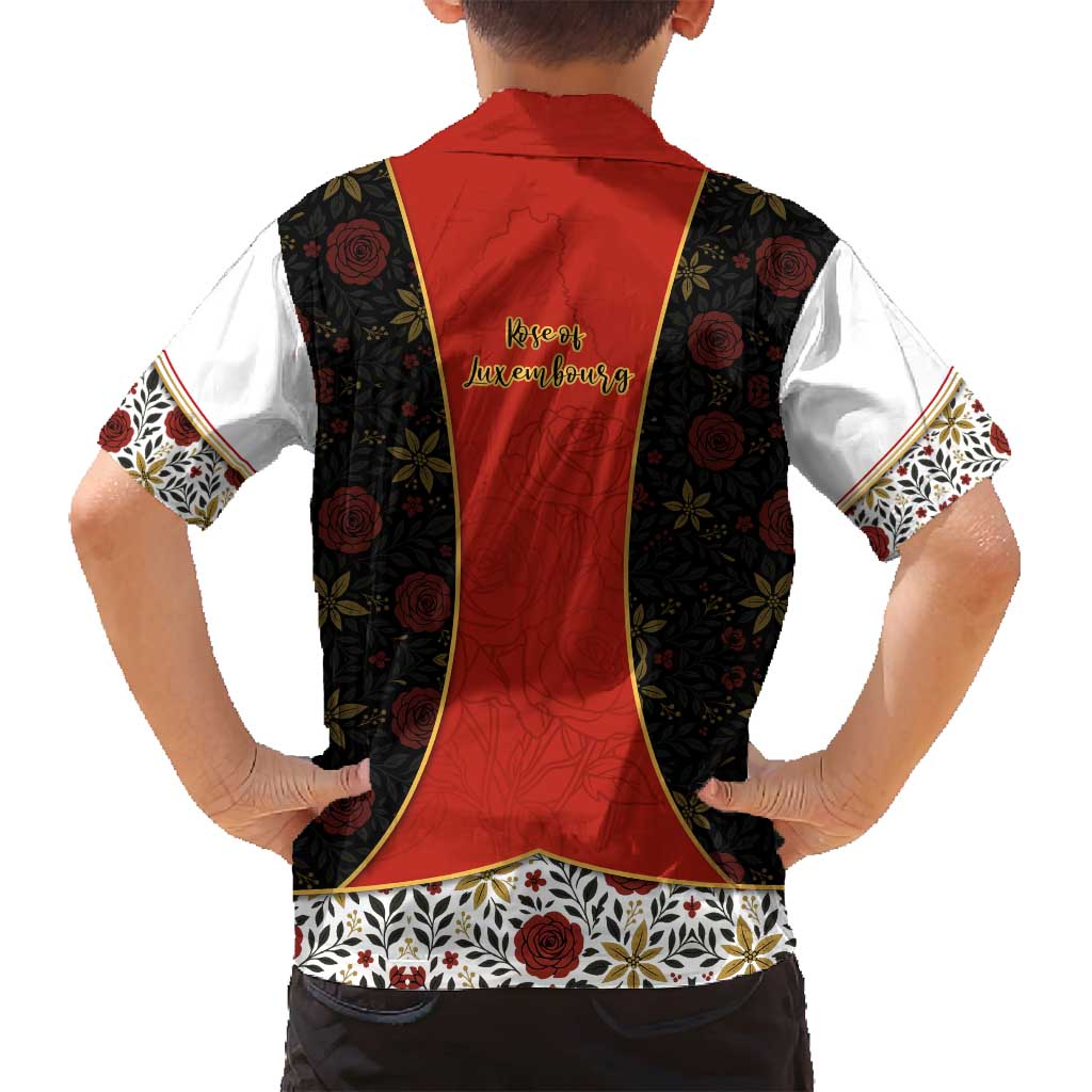 Luxembourg Family Matching Summer Maxi Dress and Hawaiian Shirt with Floral Folk Embroidery and Red Black Pattern Design