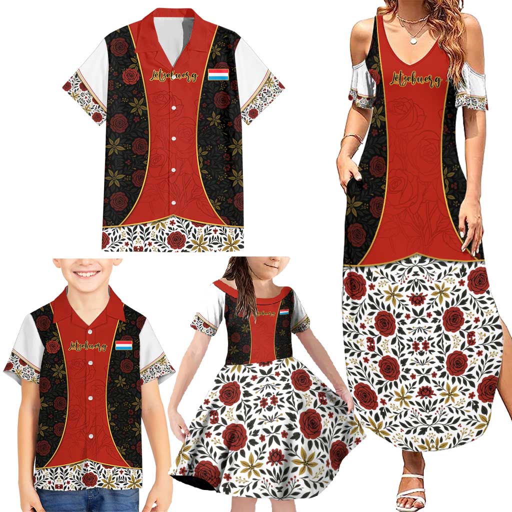 Luxembourg Family Matching Summer Maxi Dress and Hawaiian Shirt with Floral Folk Embroidery and Red Black Pattern Design