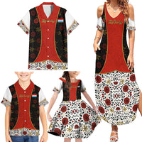 Luxembourg Family Matching Summer Maxi Dress and Hawaiian Shirt with Floral Folk Embroidery and Red Black Pattern Design