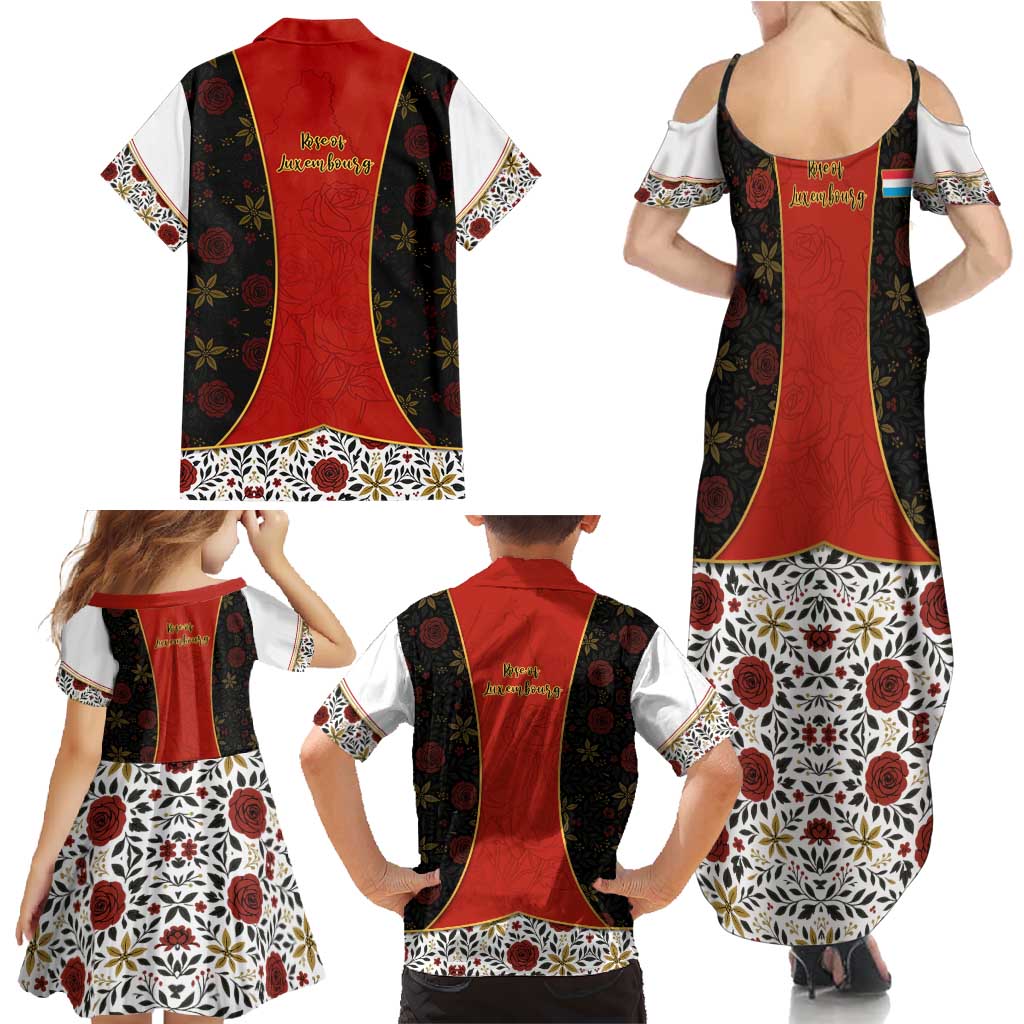Luxembourg Family Matching Summer Maxi Dress and Hawaiian Shirt with Floral Folk Embroidery and Red Black Pattern Design