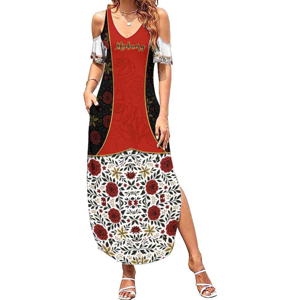 Luxembourg Family Matching Summer Maxi Dress and Hawaiian Shirt with Floral Folk Embroidery and Red Black Pattern Design