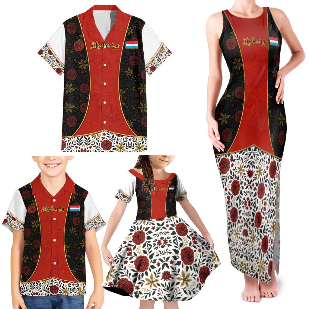 Luxembourg Family Matching Tank Maxi Dress and Hawaiian Shirt with Floral Folk Embroidery and Red Black Pattern Design