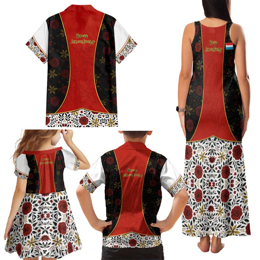 Luxembourg Family Matching Tank Maxi Dress and Hawaiian Shirt with Floral Folk Embroidery and Red Black Pattern Design