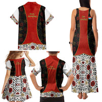 Luxembourg Family Matching Tank Maxi Dress and Hawaiian Shirt with Floral Folk Embroidery and Red Black Pattern Design