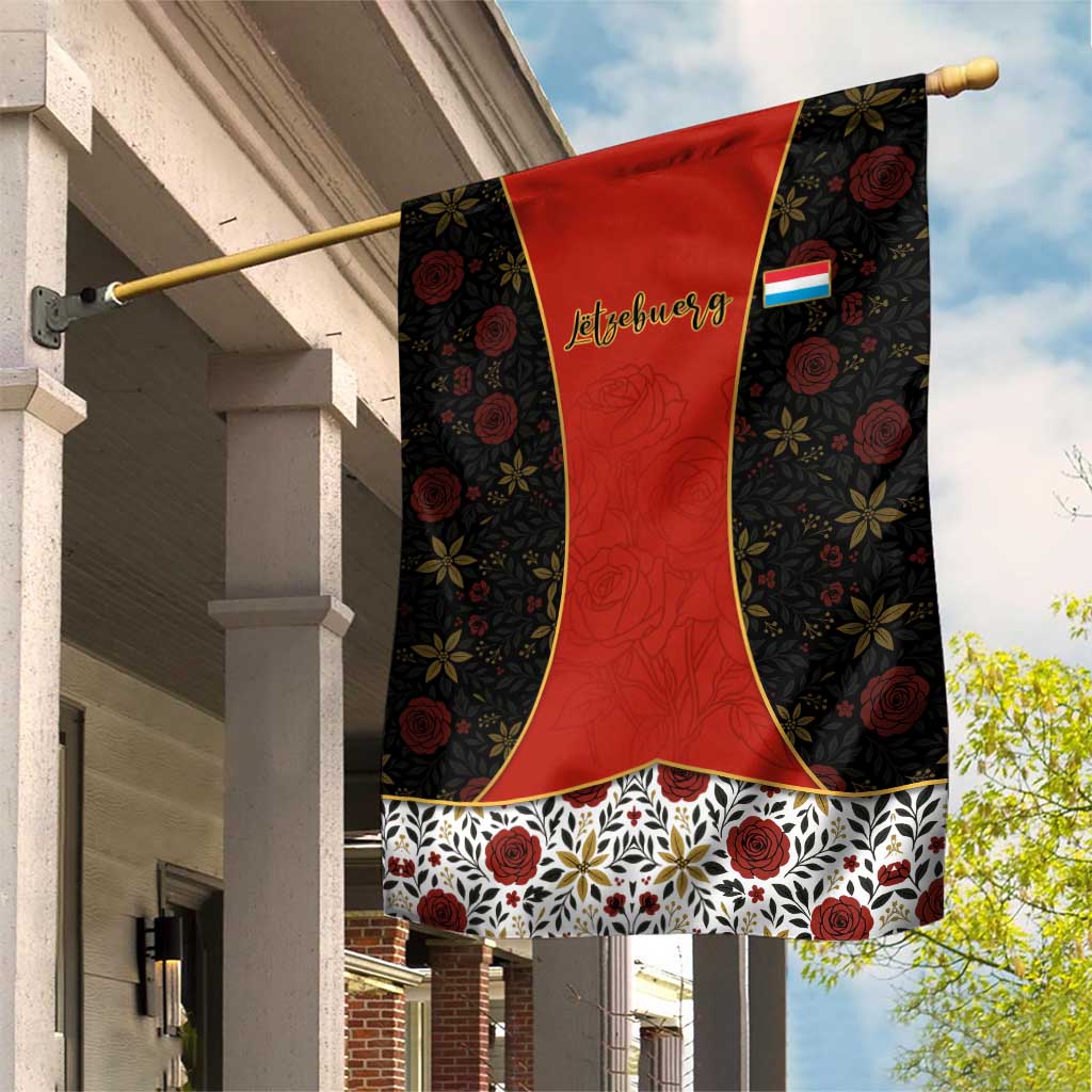 Luxembourg Garden Flag with Floral Folk Embroidery and Red Black Pattern Design