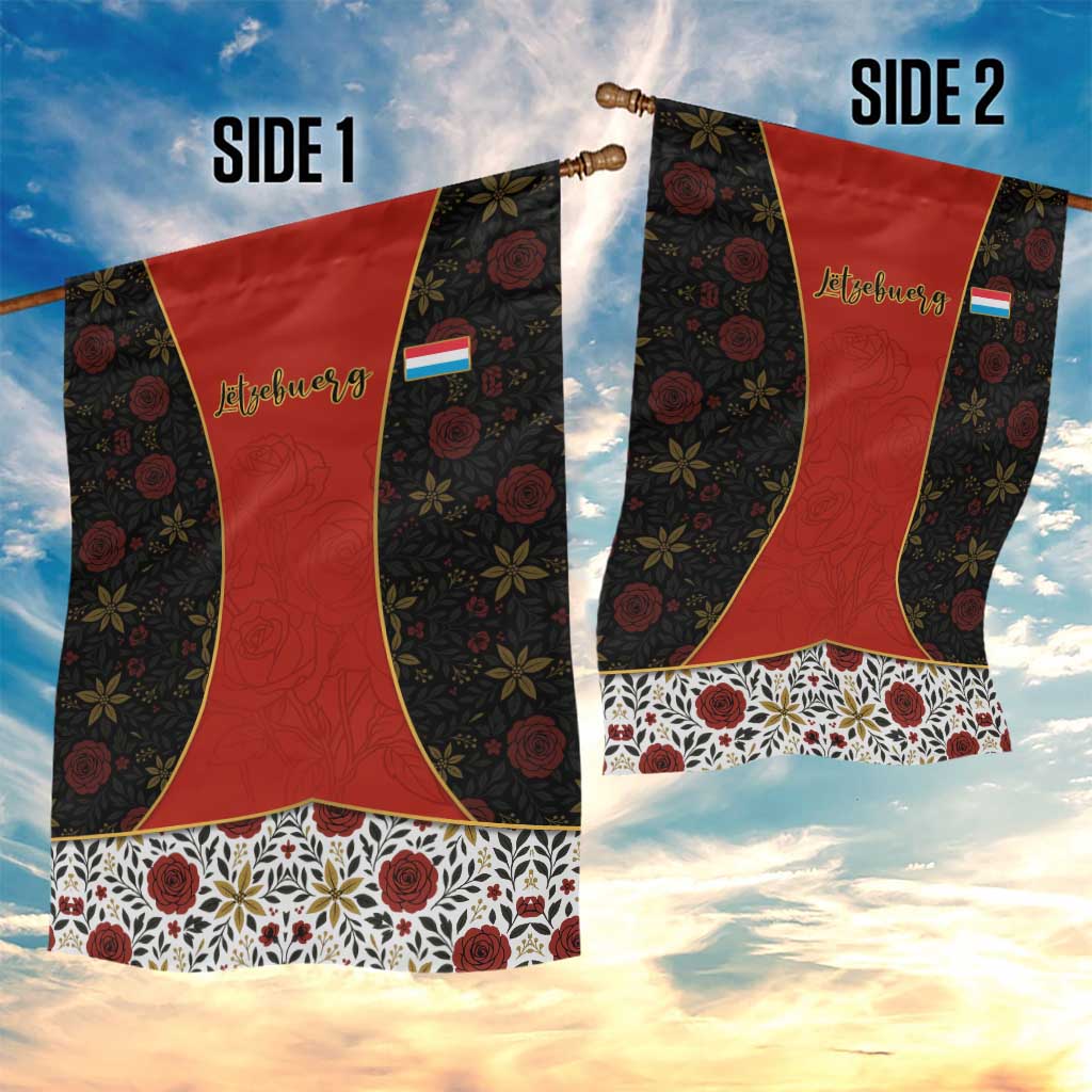 Luxembourg Garden Flag with Floral Folk Embroidery and Red Black Pattern Design