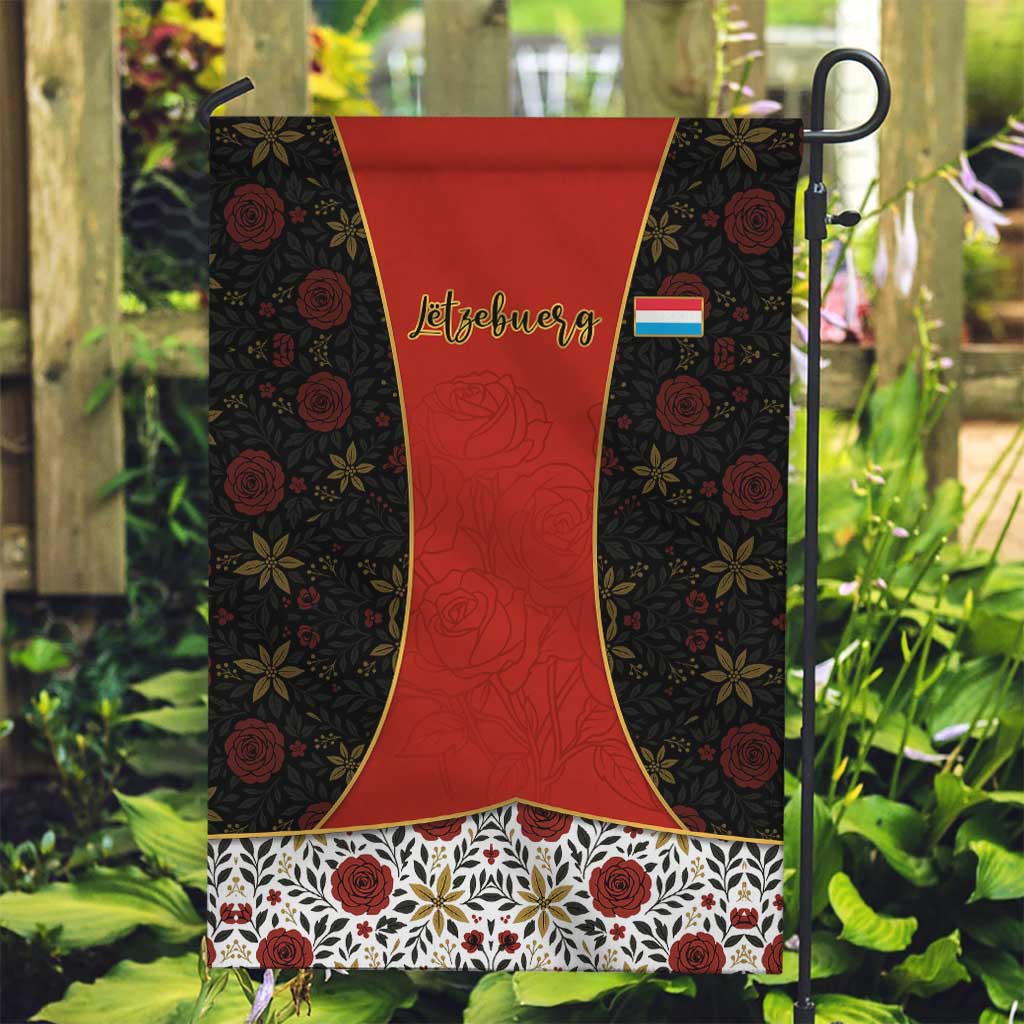 Luxembourg Garden Flag with Floral Folk Embroidery and Red Black Pattern Design
