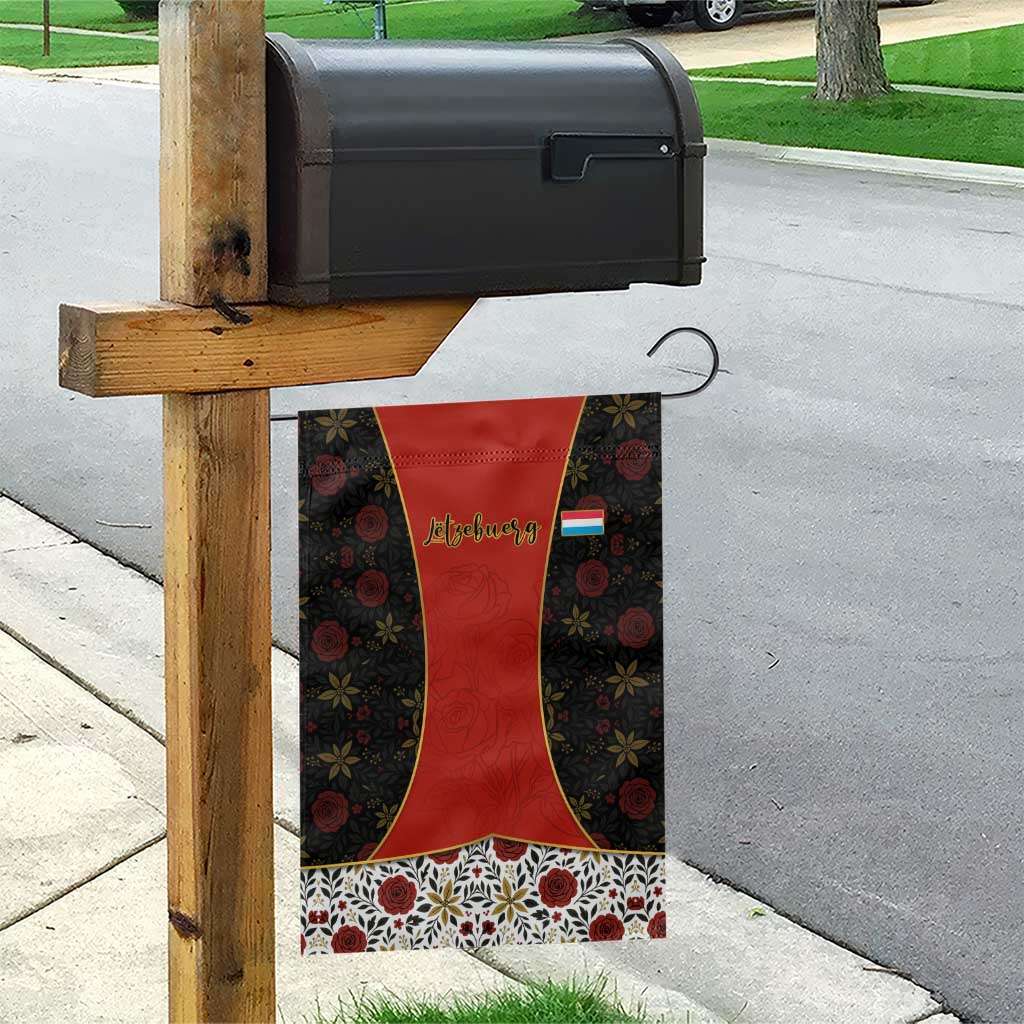 Luxembourg Garden Flag with Floral Folk Embroidery and Red Black Pattern Design