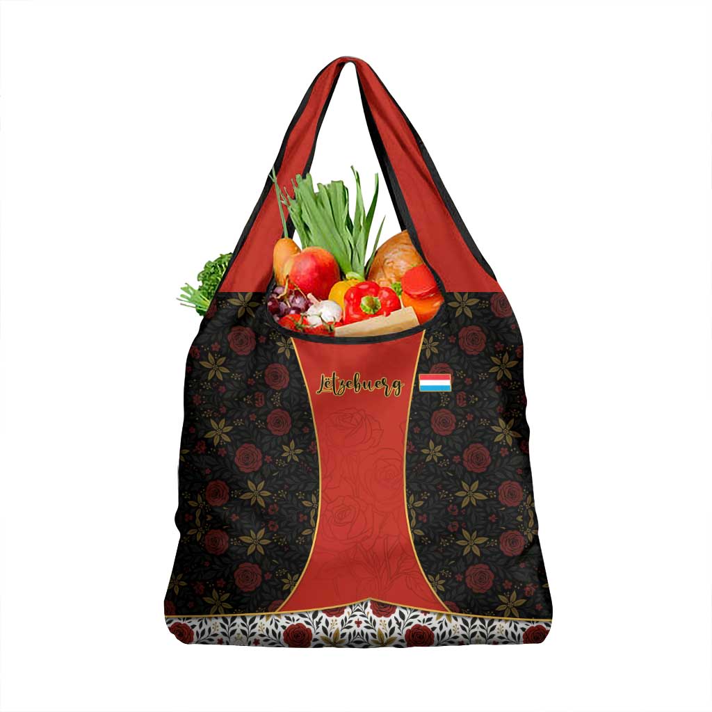 Luxembourg Grocery Bag with Floral Folk Embroidery and Red Black Pattern Design